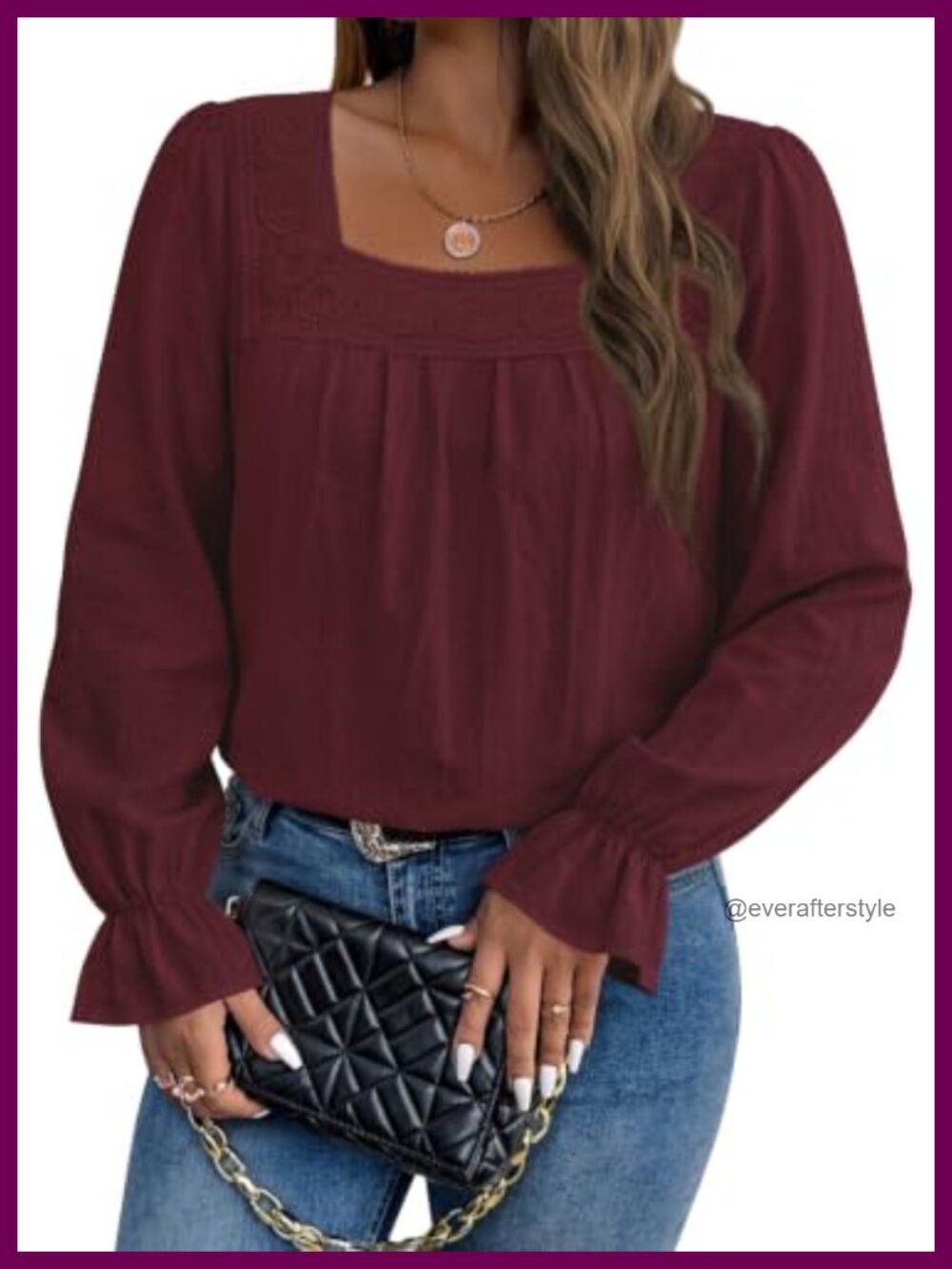 Falechay Womens Long Sleeve Blouse Eyelet Lace Square Neck Puff Sleeve Top